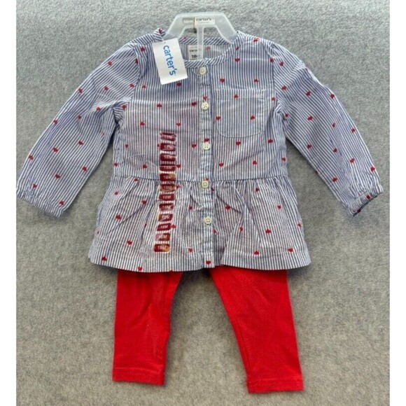 Carter's Cute‎ Baby Girl 2-Piece Blue Stripe/Red Heart Top & Legging Set Sz 18M - Picture 2 of 4